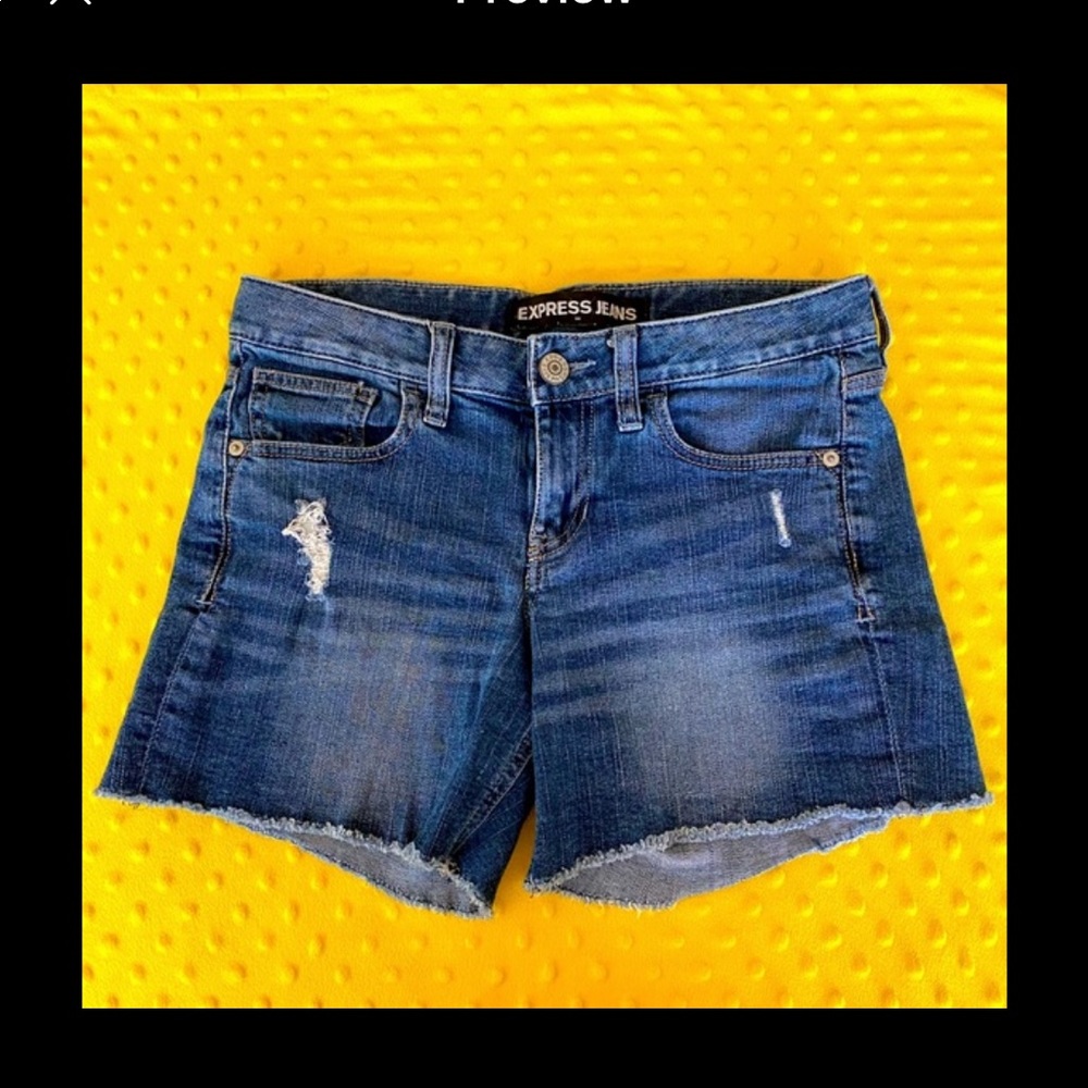Express Mid Rise Distressed Stretch Denim Shorts - Picture 2 of 7